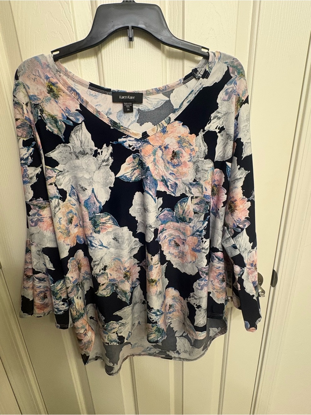 Karen Kane Navy Floral V-Neck Long Sleeve Top, Bell Sleeves